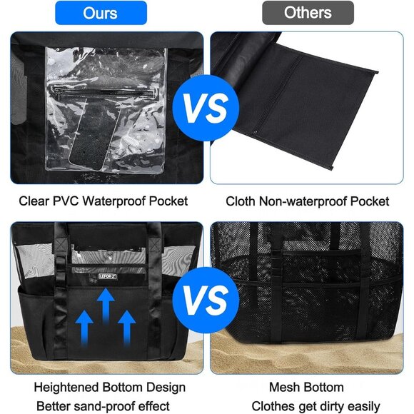 Women's Black Mesh Beach Tote Waterproof Sandproof Foldable Beach Bag - Picture 2 of 8